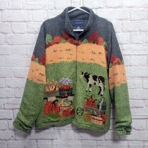 VTG Eagles Eye Farm Cow Novelty Knit Sweater Jacket L Full Zip Cottage Country